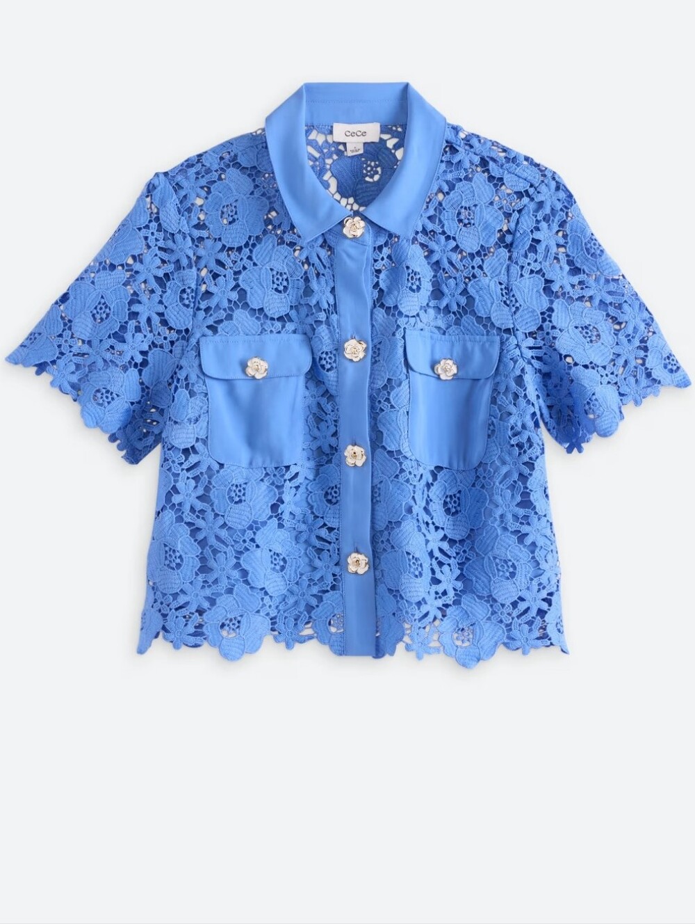 CECE SPORTSWEAR Patch Pocket Short Sleeve Button Down Lace Top Size XL